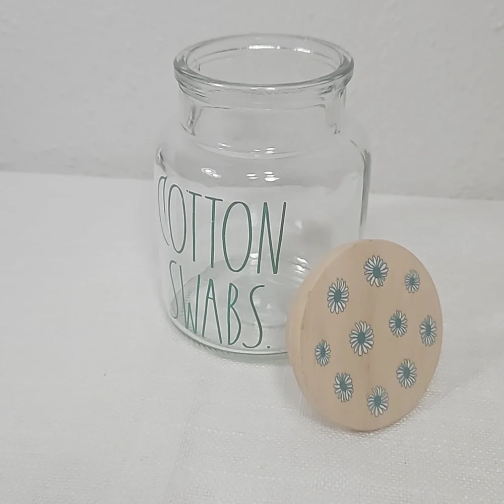 Rae Dunn Teal lettering with Daisies Cotton Swabs Empty Reusable Glass Jar